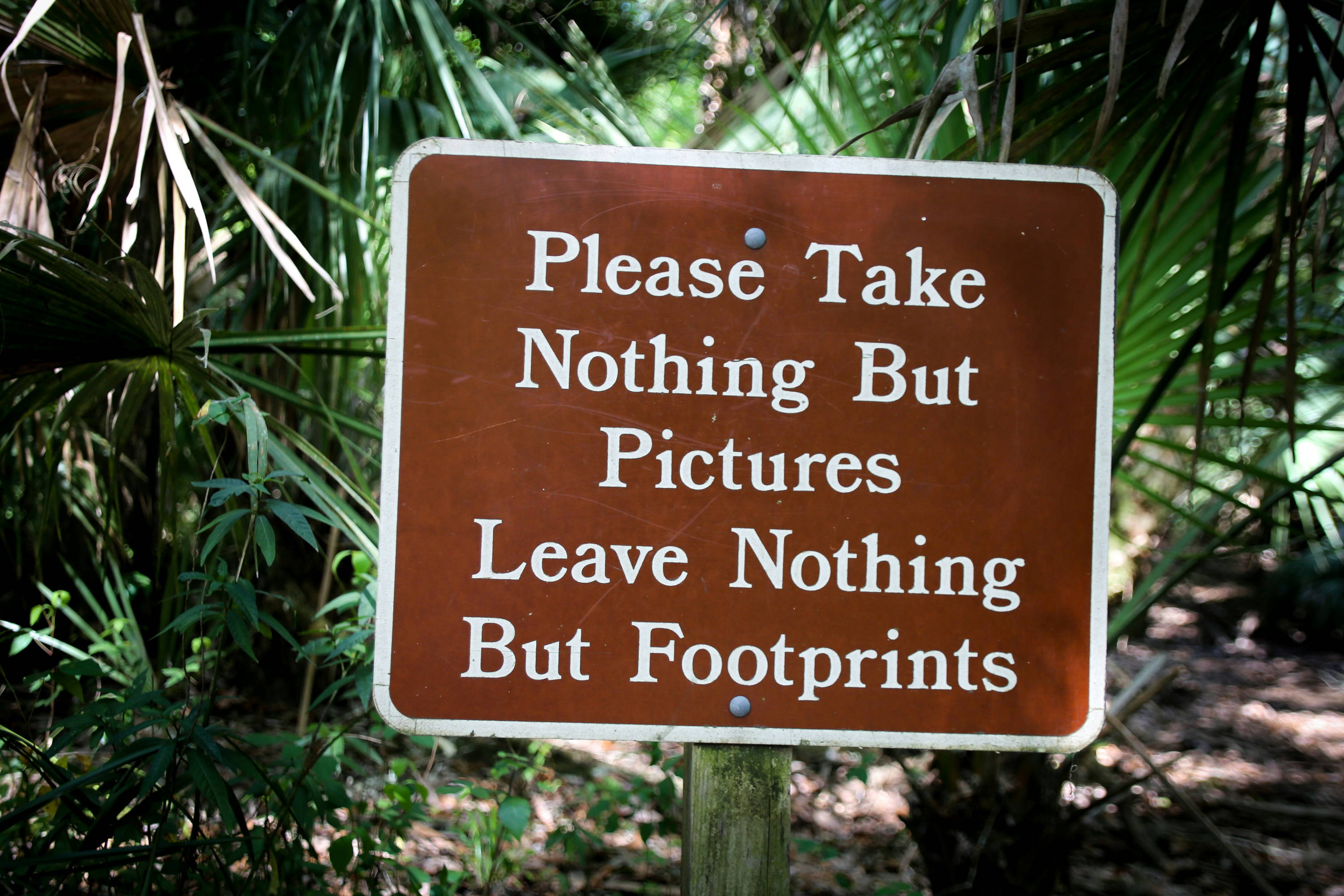 A photo of an outdoor sign saying 'please take nothing but pictures leave nothin but footprints'