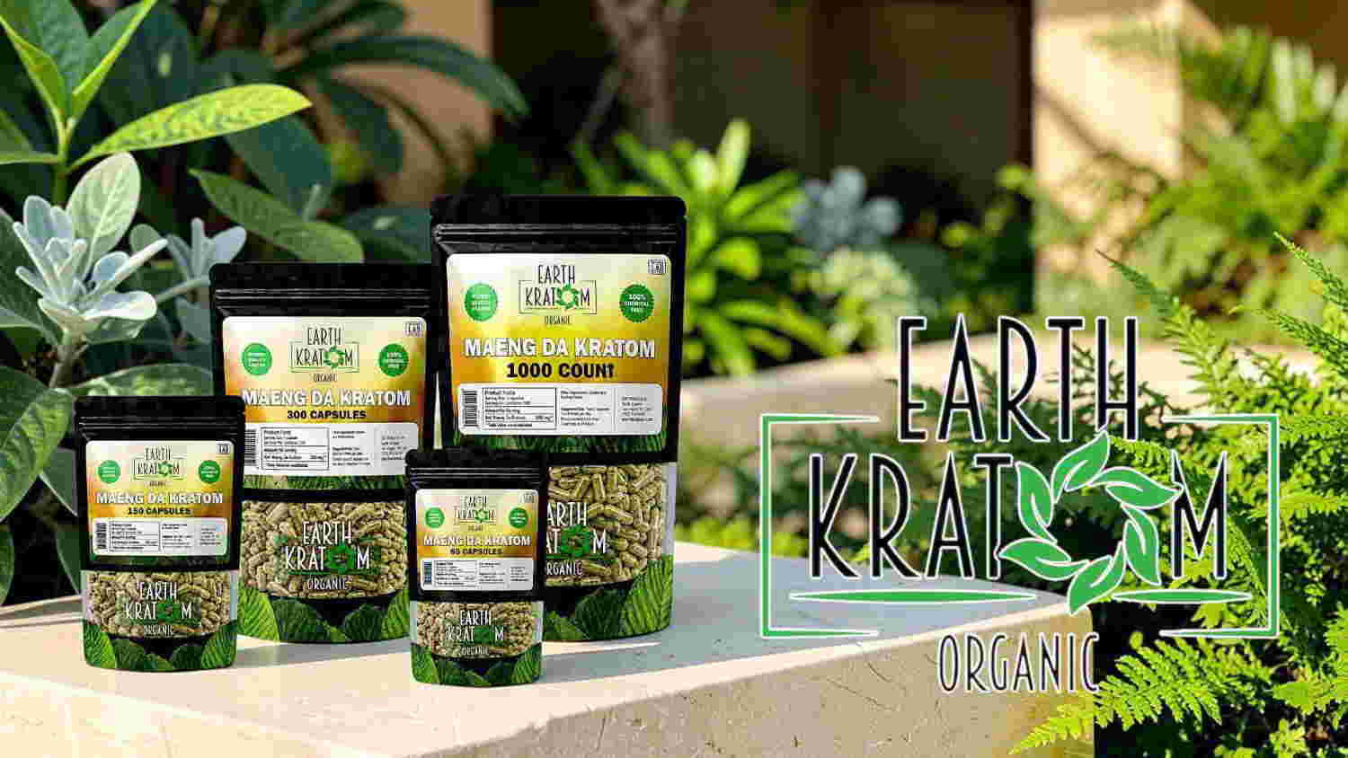 Bags of herbs displayed among green plants with logo in the foreground.