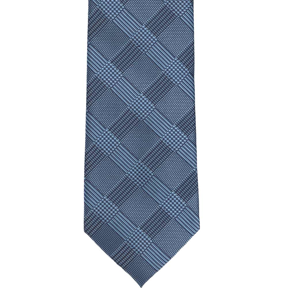 Flat front view of a blue plaid necktie