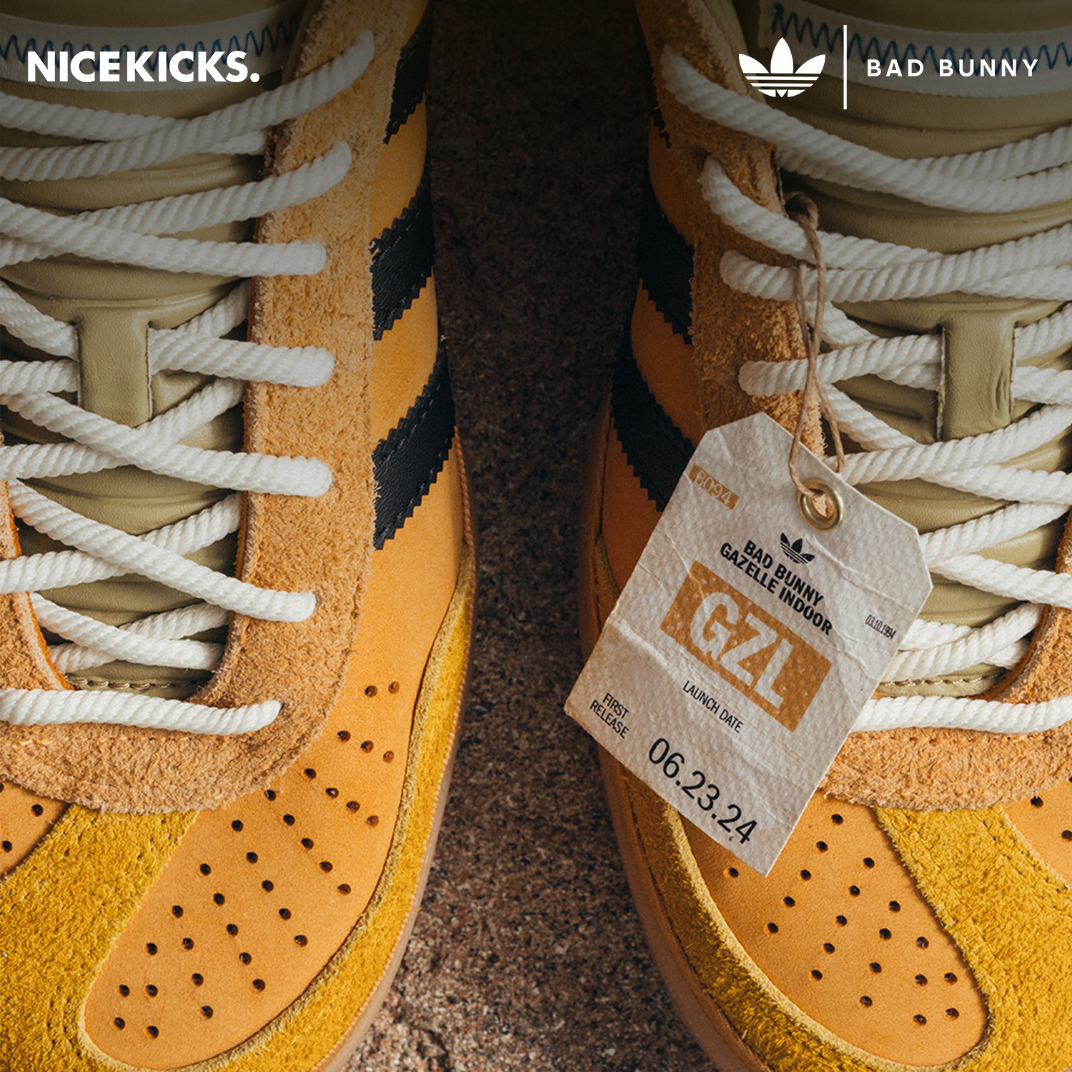 Close-up of yellow sneakers with tag and laces.
