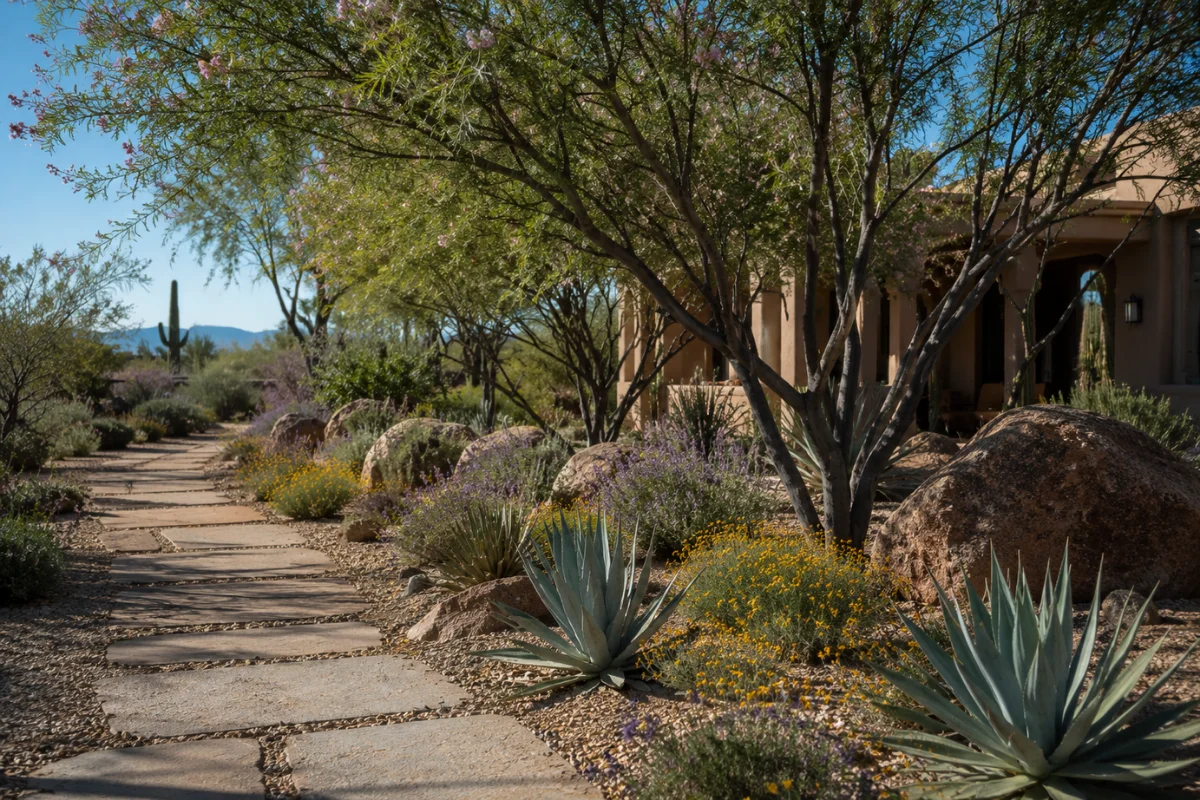 Mature small desert trees creating shade and structure in a beautifully designed Sonoran Desert landscape with native plants, agaves, flowering perennials, and natural stone pathways.