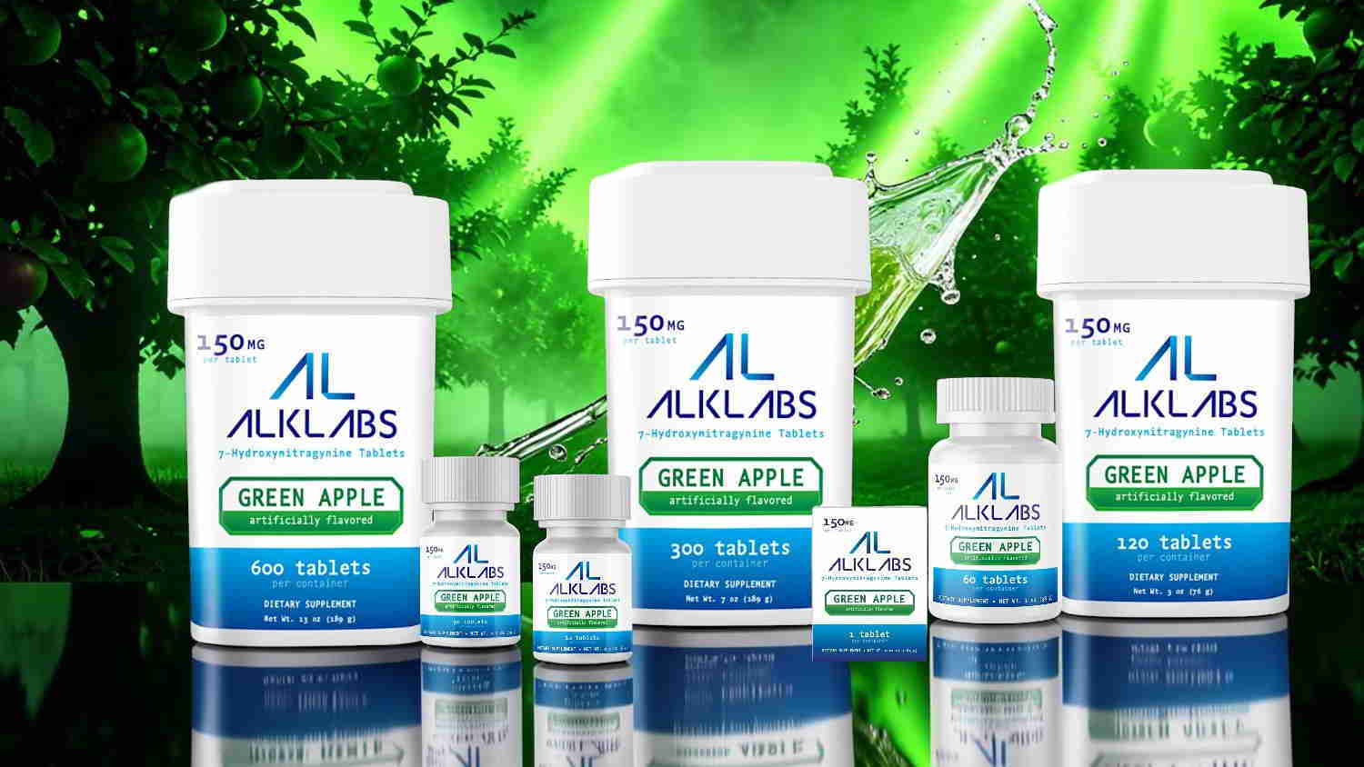 Bottles of health supplements with green background and leaf elements.