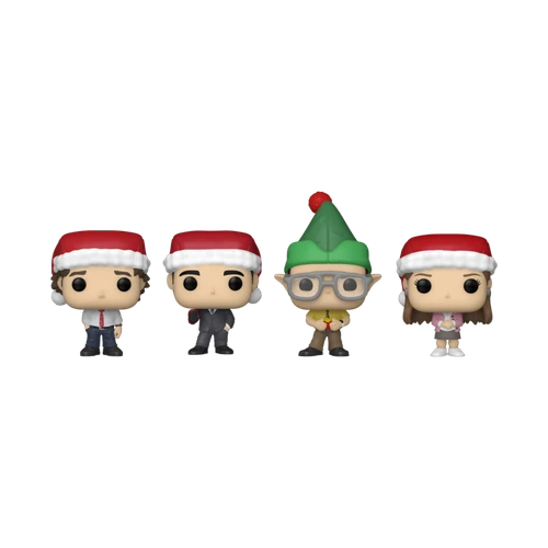 The Office Holiday Pocket POP! 4-Pack - Four Funko Pop figures wearing Santa hats and holiday attire.