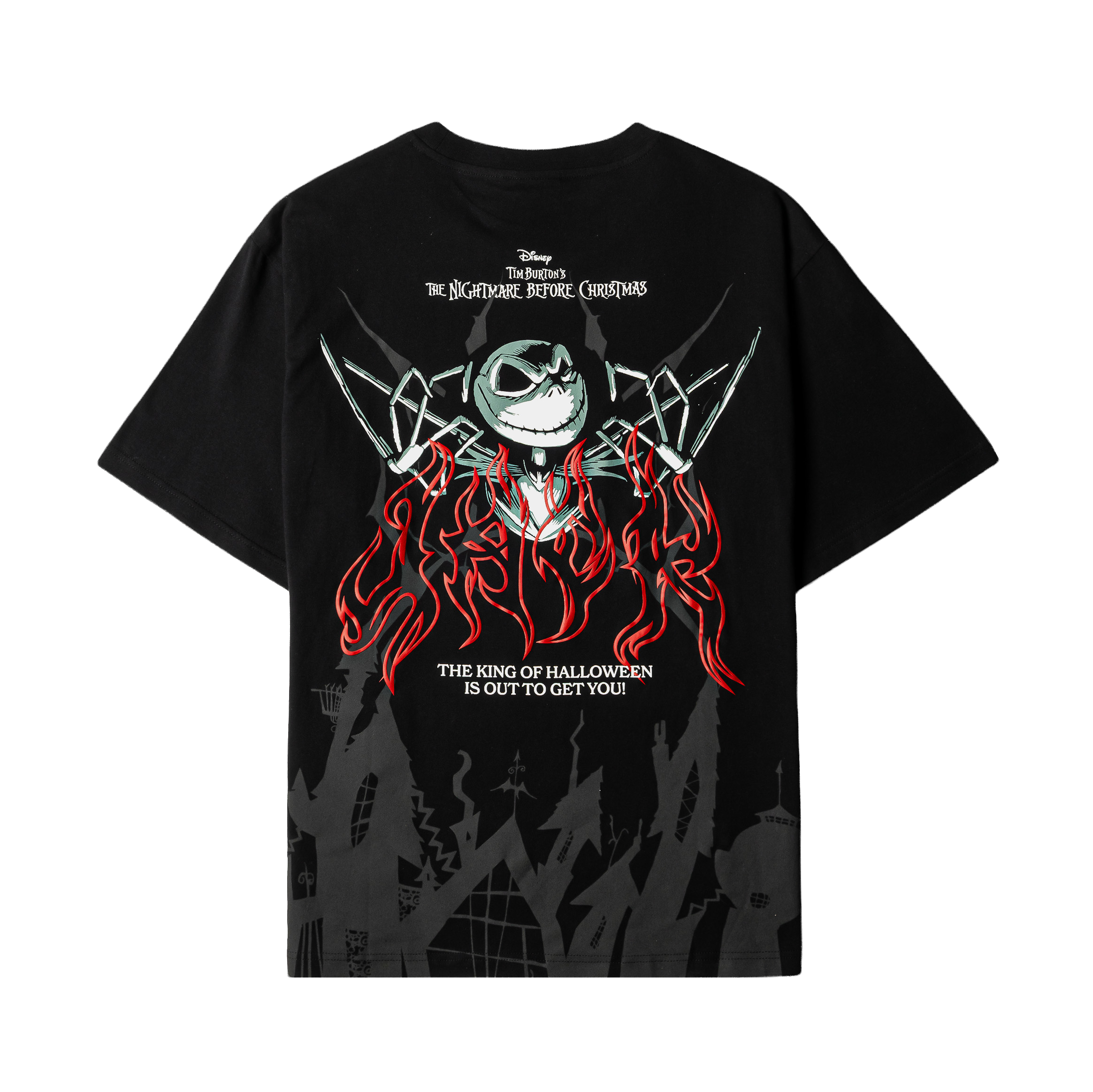 Black t-shirt featuring Jack Skellington and Halloween-themed designs.