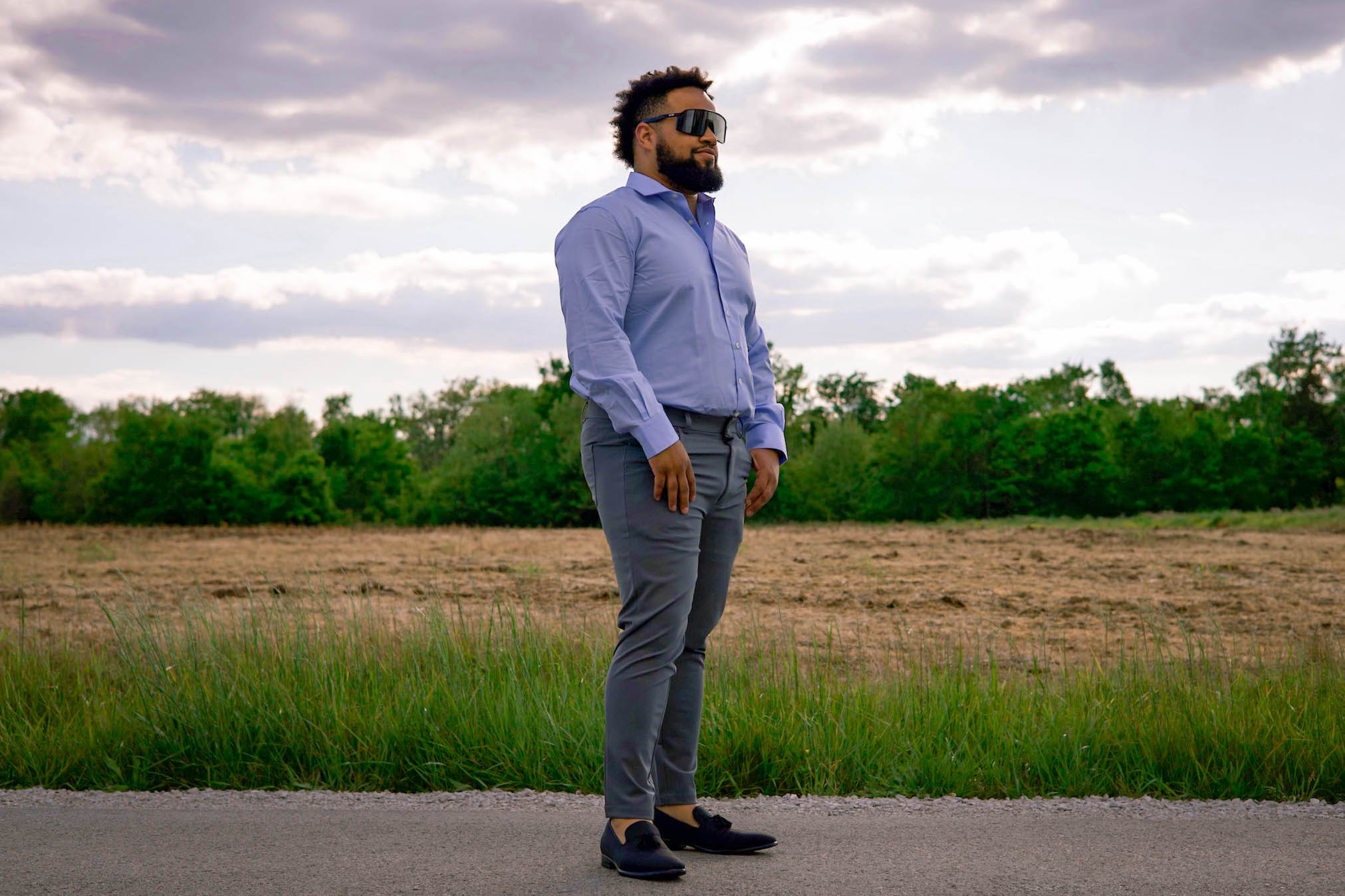 African American Male Wearing Blue Oxford Button Down Shirt and Performance Dress Pants Gray from Under510.com