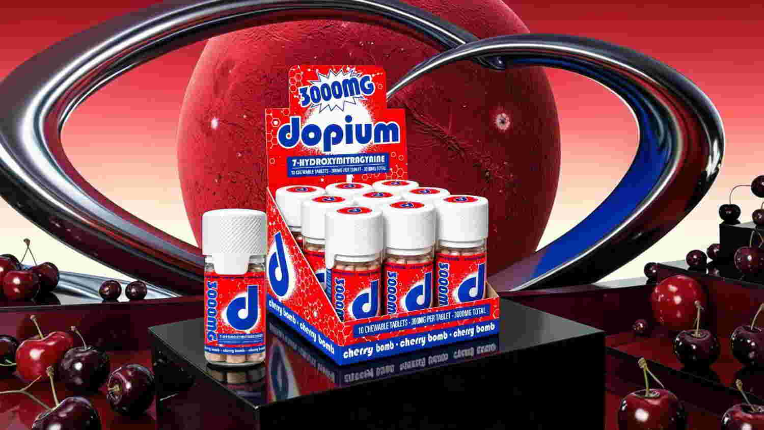Dopium bottles displayed on a pedestal with a red background.