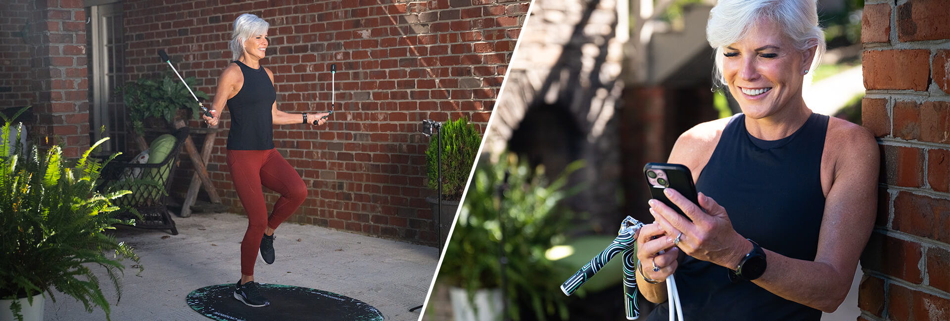 Older woman jumping rope with Crossrope Ropeless and checking her phone for workout stats outdoors.
