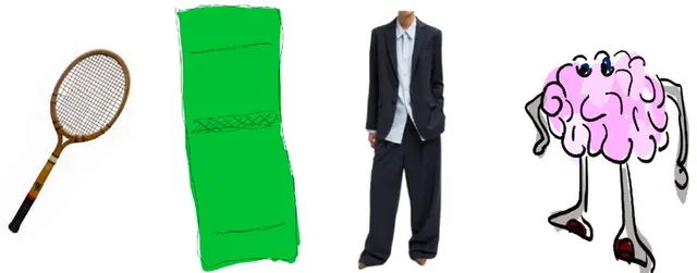 Tennis racket, green lounge chair, suit, cartoon brain with legs.