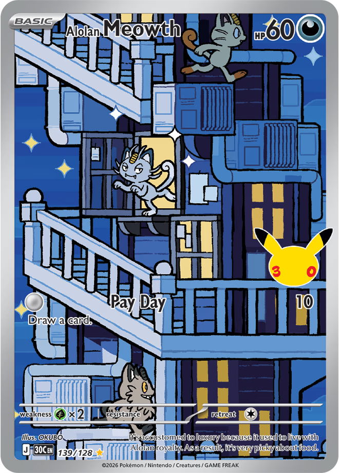 The Alolan Meowth Illustratoin Rare Card from the Pokémon TCG's 30th Celebration Set.