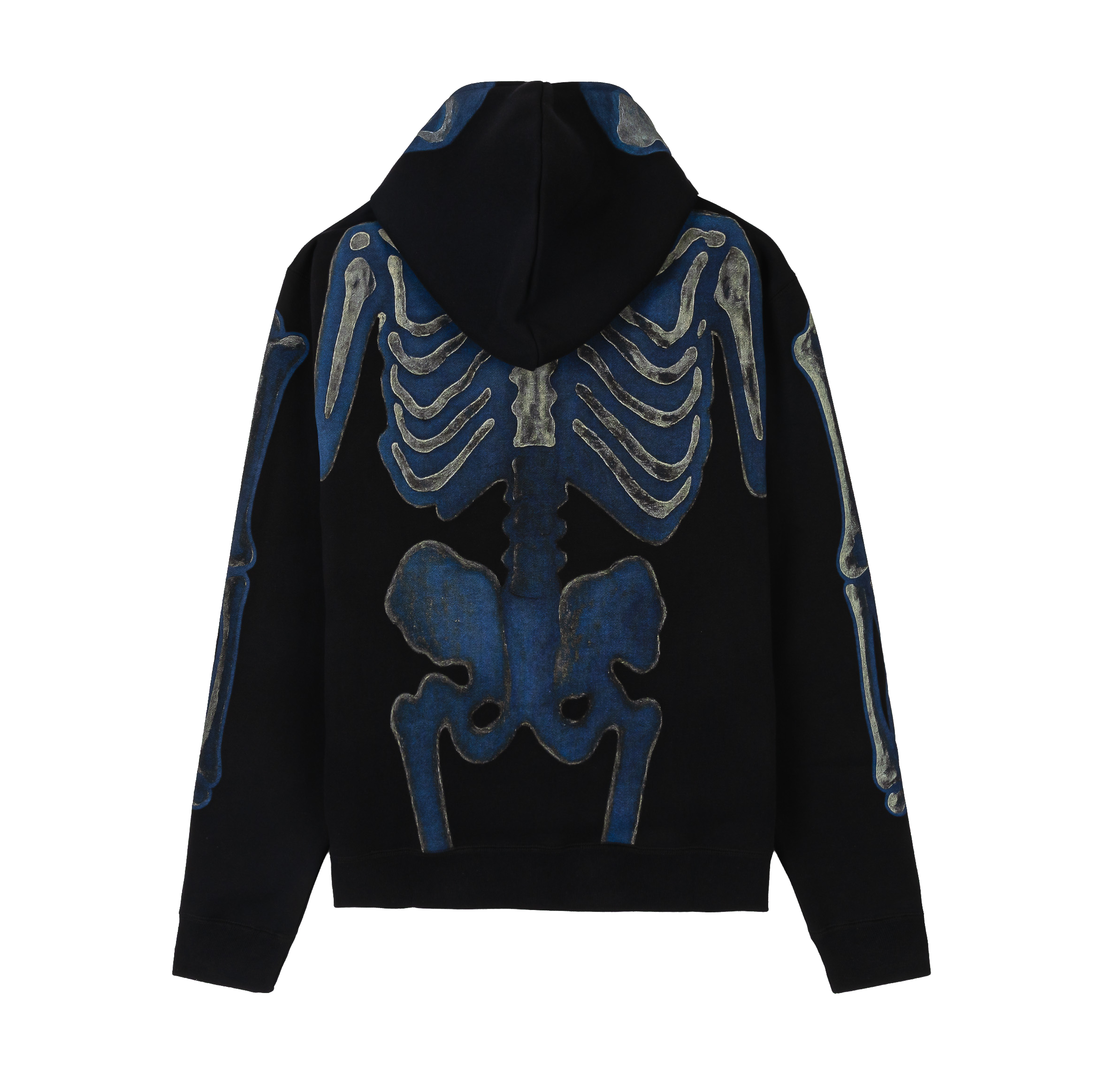 Black hoodie with blue skeleton graphic design on the front.