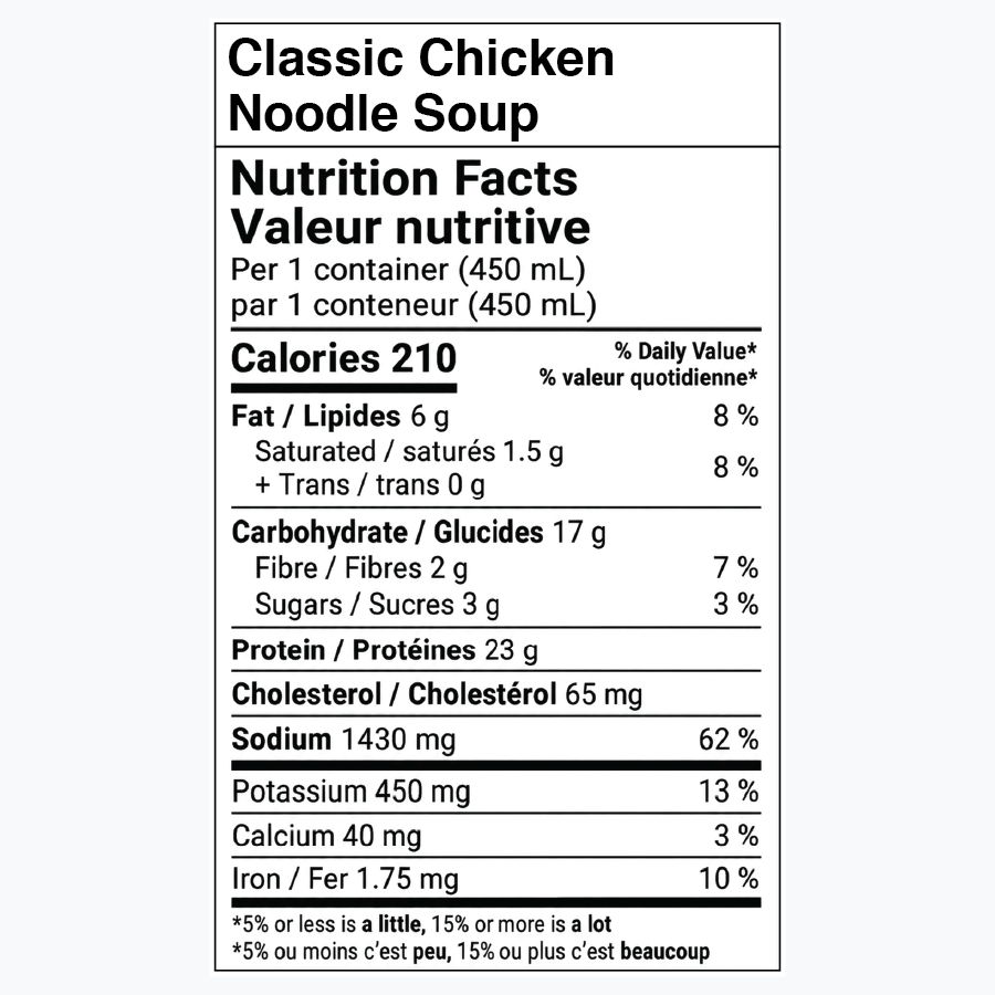 Étiquette de valeur nutritive pour Soupe Classique au Poulet et aux Nouilles .