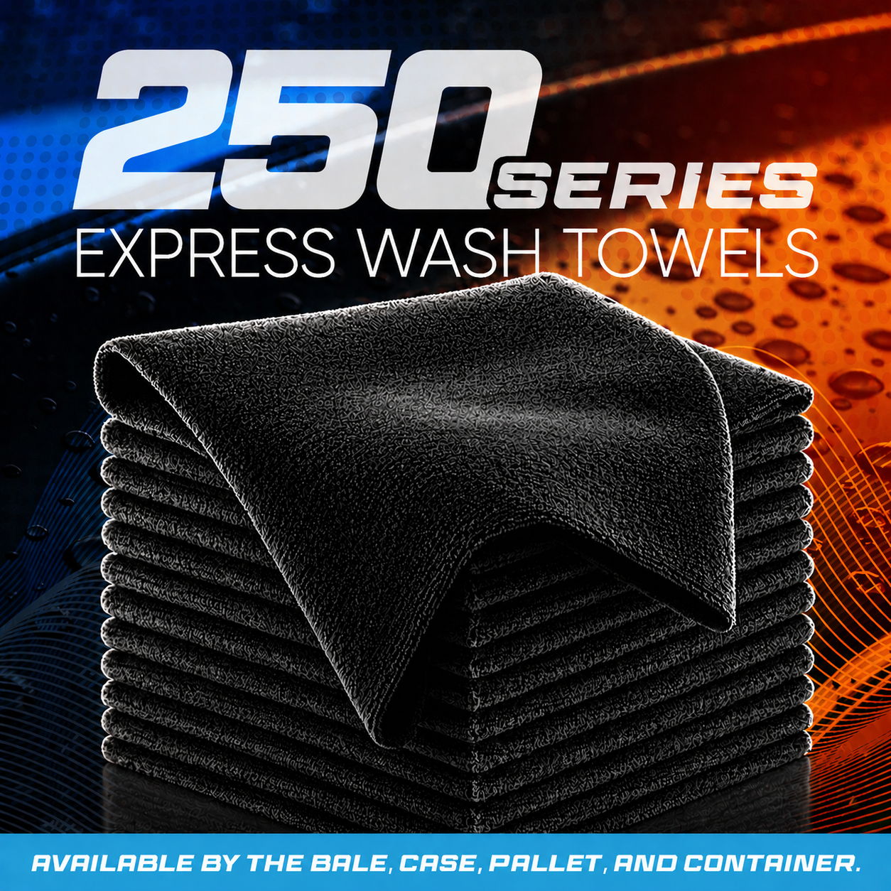 250 Series Express Wash Towels stacked, available by bale, case, pallet, and container.