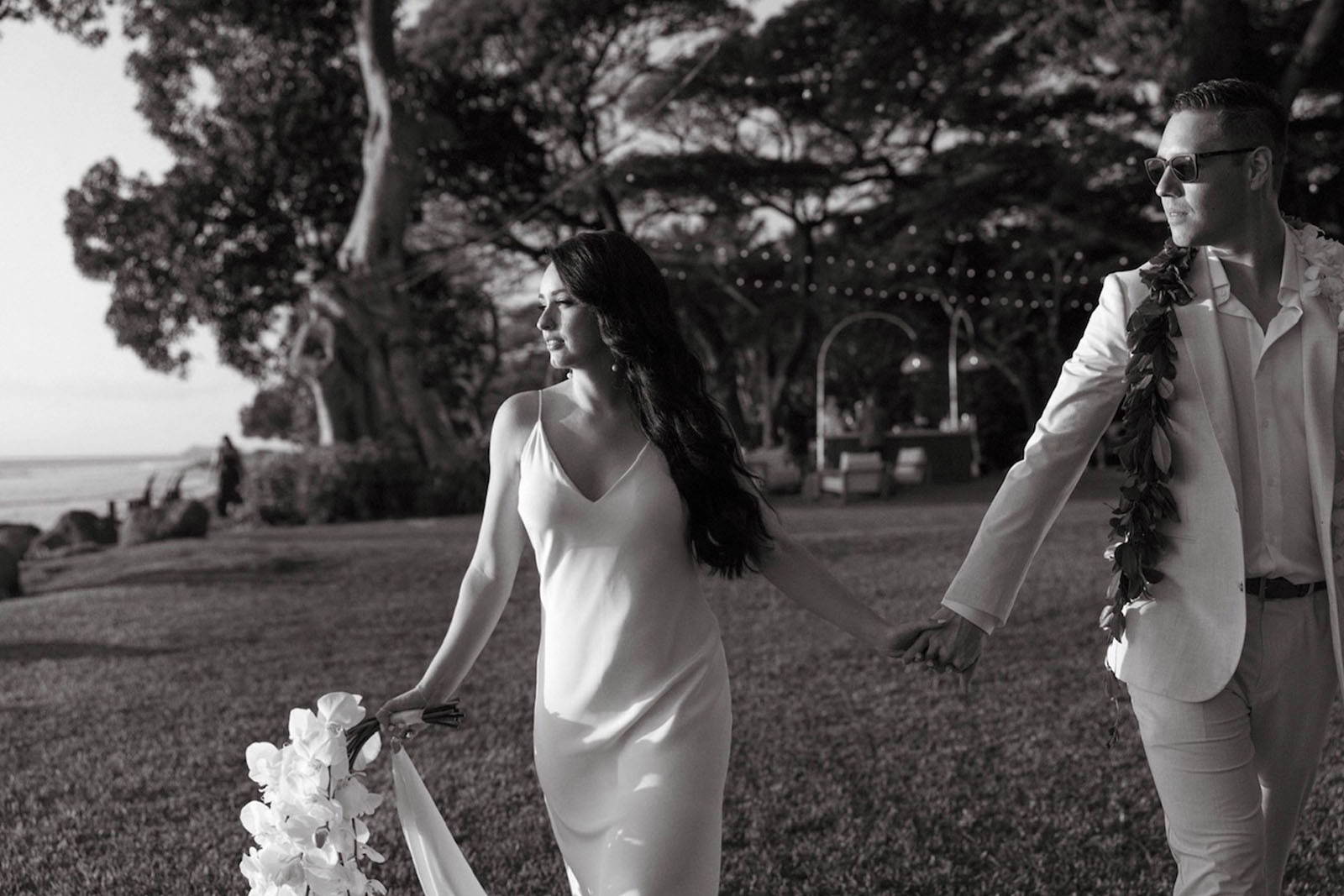 bride and groom, walking in Hawai