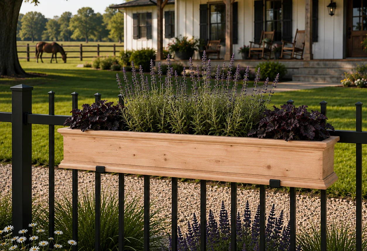 A Laguna Cedar planter box with plants on a fence in front of a house.