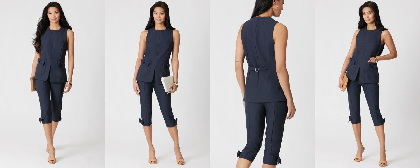 Model wearing a navy top and pants in multiple angles.