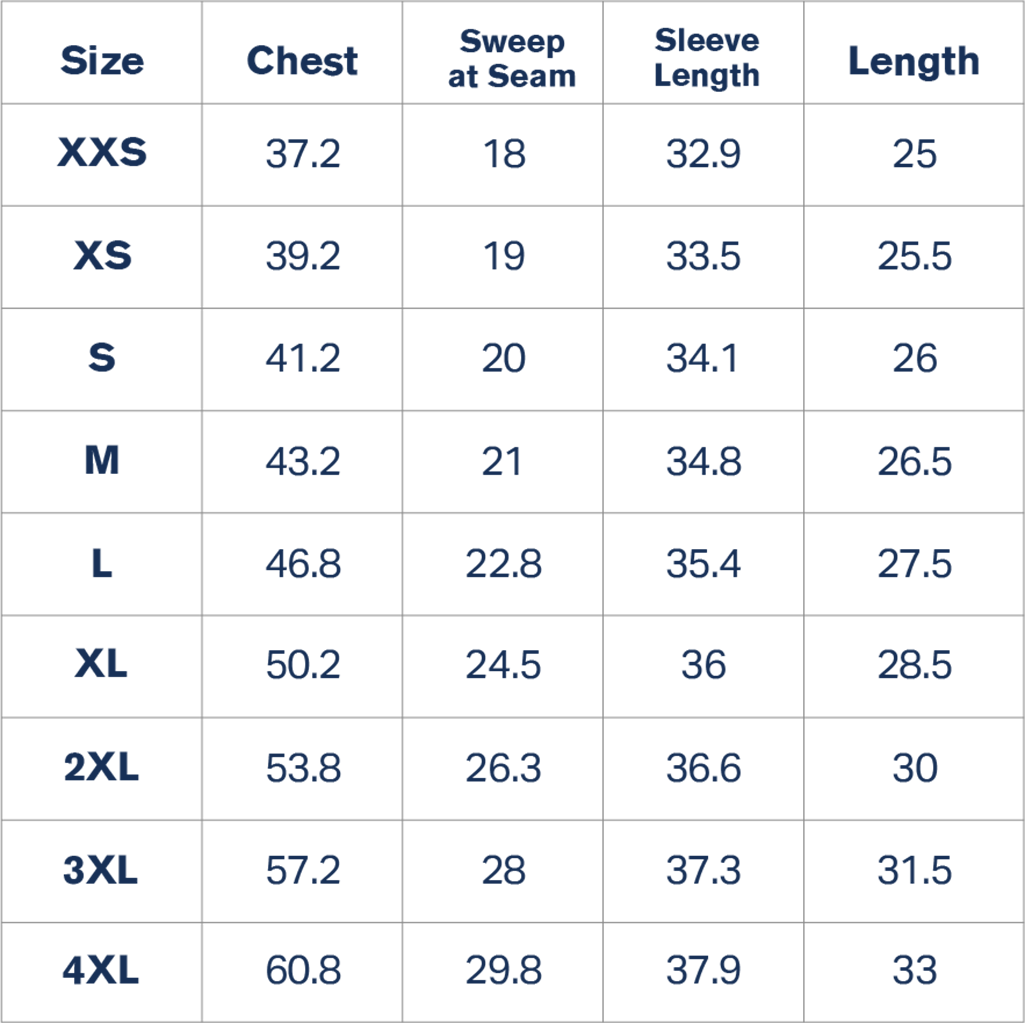 Table displaying sizes and dimensions of various clothing items.