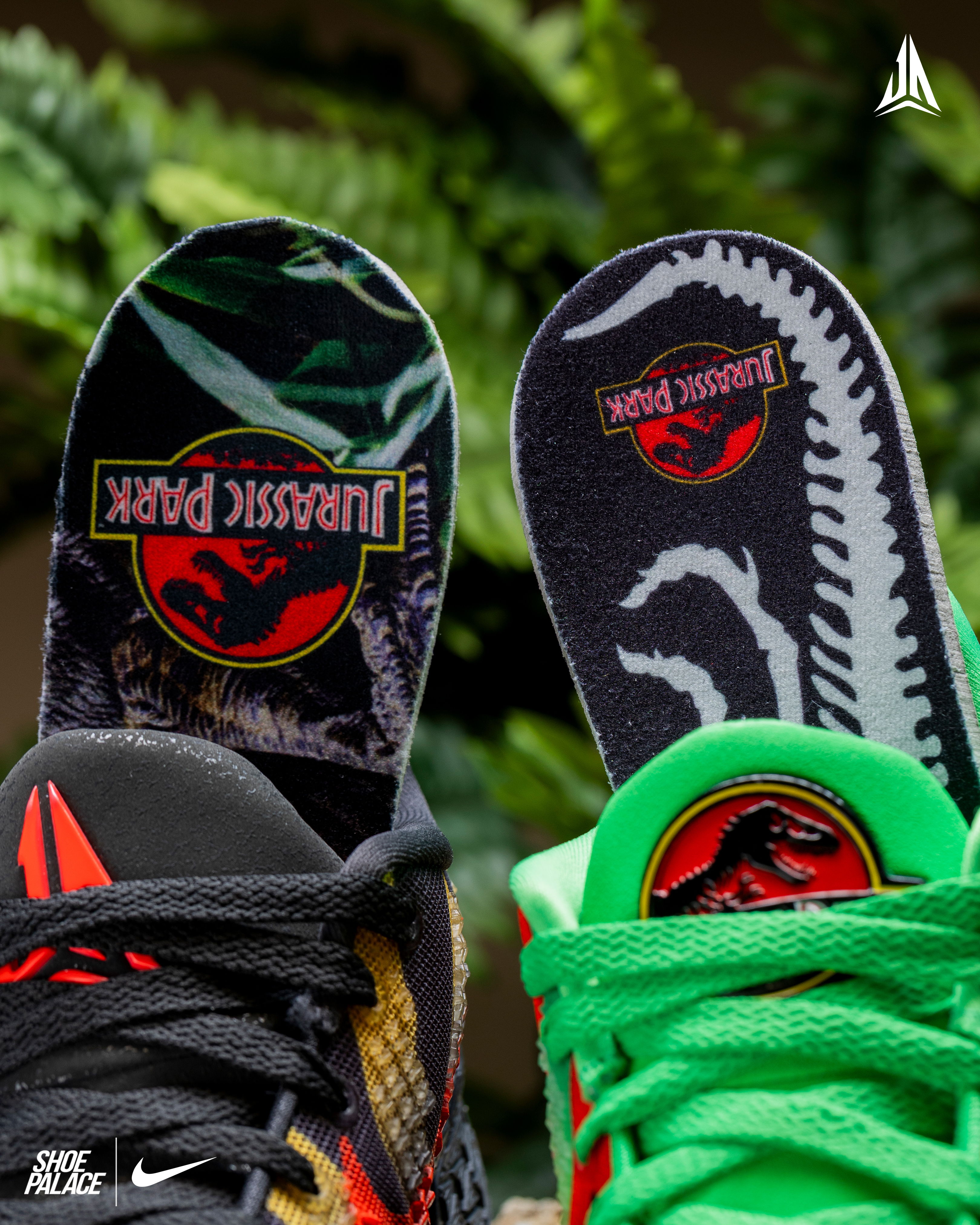 Nike Ja3 x Jurassic Park - Jurassic Park-themed sneakers with vibrant colors and logo insoles.