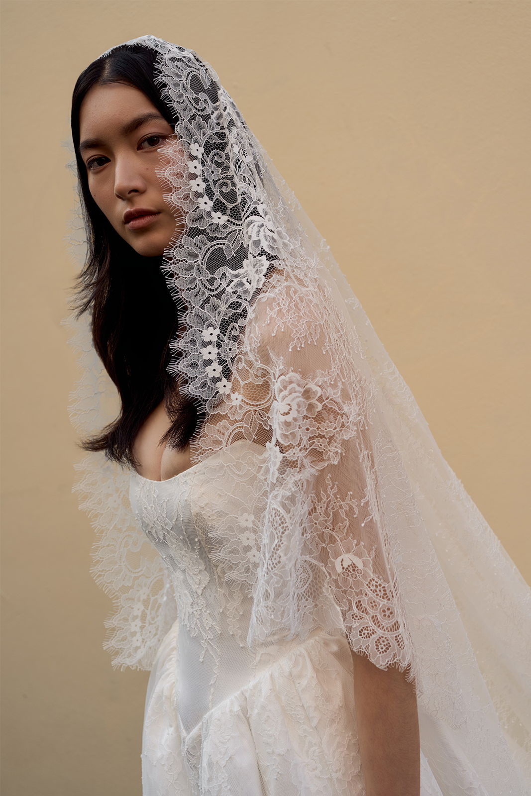 Woman in a lace wedding dress with a veil against a neutral background.