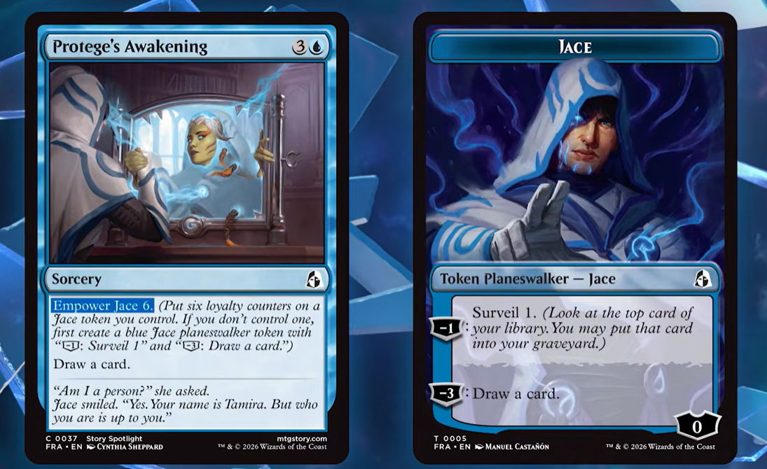 The card Protege's Awakening and a token Jace Planeswalker Card from Reality Fracture