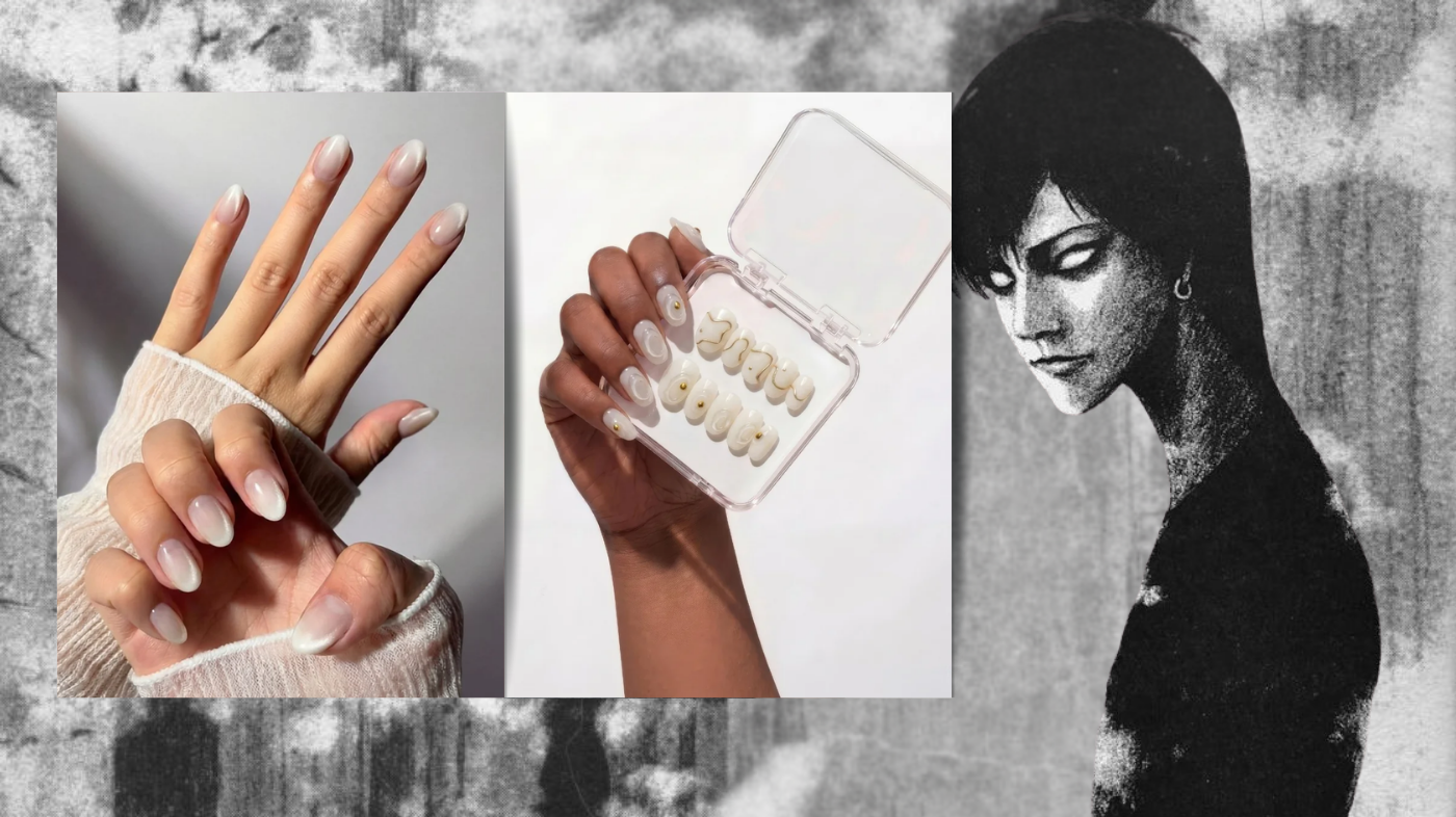 EyeCandys Seraphina and Gilt Lines press on nails cosplay nails gothic elegant manicure press on nails gold line nail design minimalist luxury nails eerie horror cosplay styling dark ethereal nail set