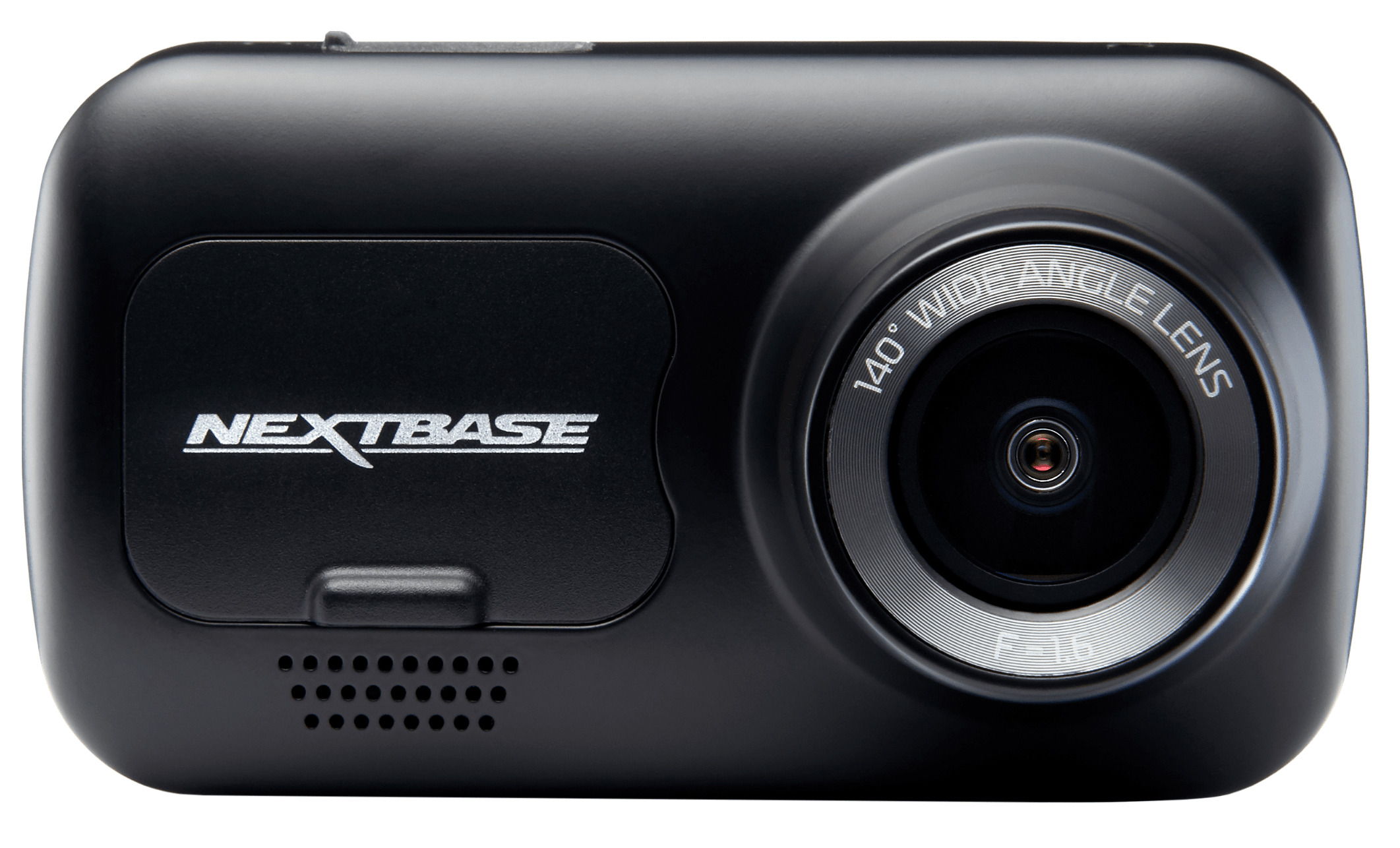 Zwarte dashcam met lens en merklogo 