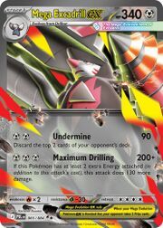 Mega Excadrill EX Pokémon card featuring abilities and attack details.