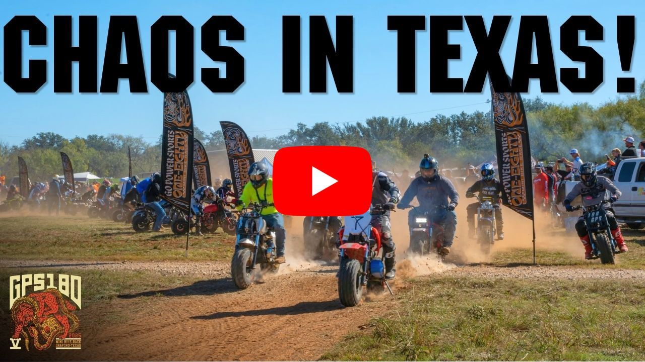 Dirt bikes racing in Texas with a YouTube play button overlay.