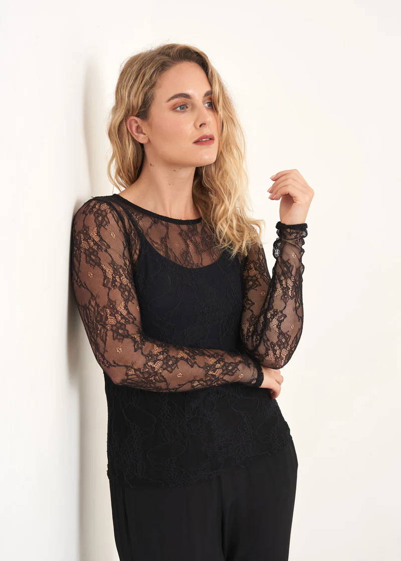 A model wearing a black, long sleeved lacey top