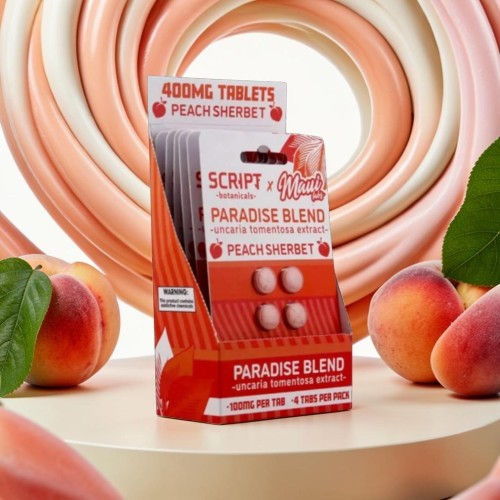 Peach-flavored supplement tablets in a colorful, swirled background.