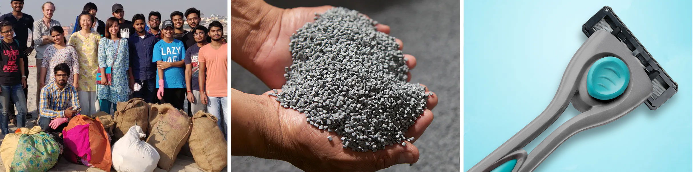 POPi images of people collecting plastic, hands holding recycled plastic pellets, and a razor