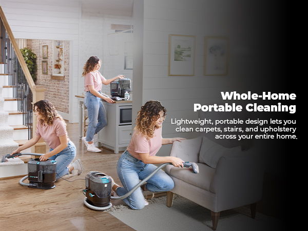A person cleaning various areas of a home with portable cleaning equipment.