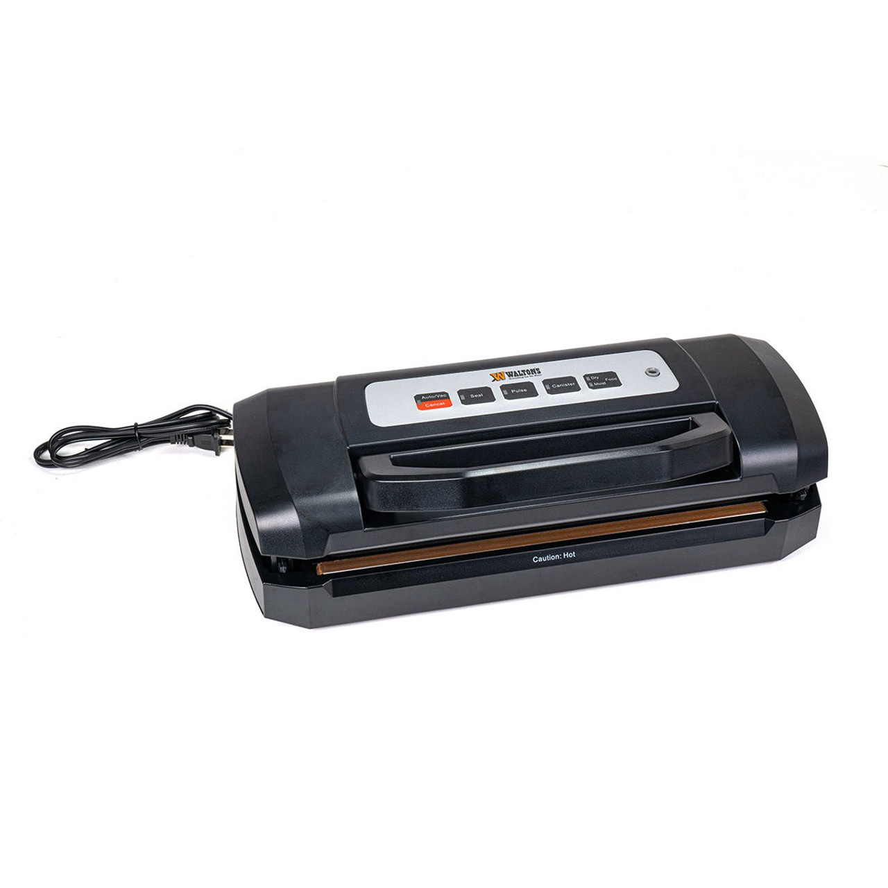Black vacuum sealer with control buttons and power cord.
