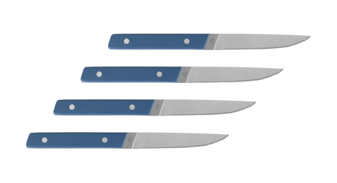 Four Blue Misen Steak Knives seen from above, laid flat in a horizontal line.