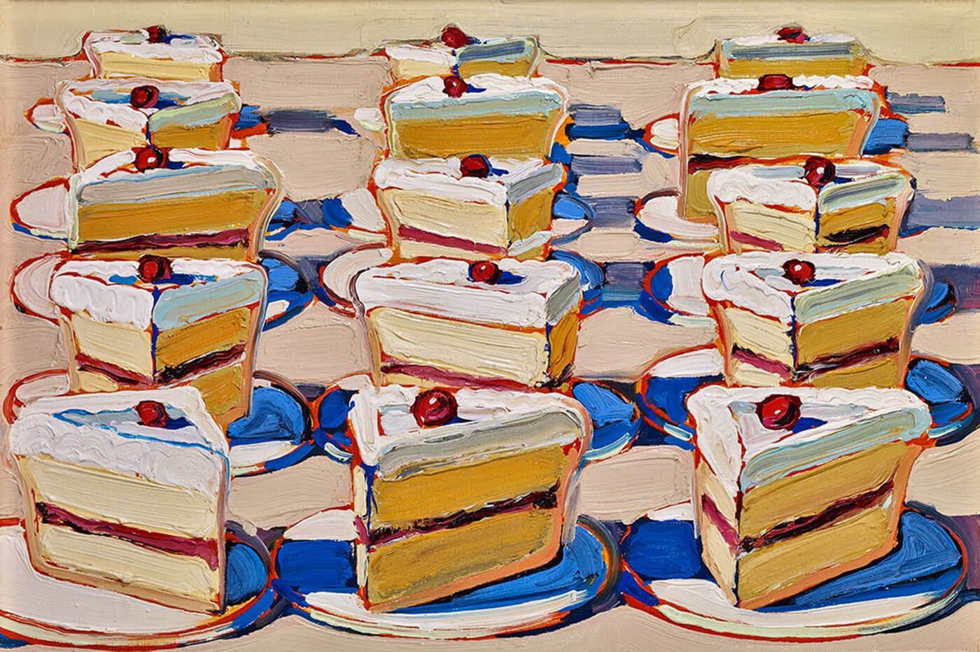 Wayne Thiebaud's Boston Cremes painting featuring lined up plates holding slices of Boston Creme cake with cherries on top.
