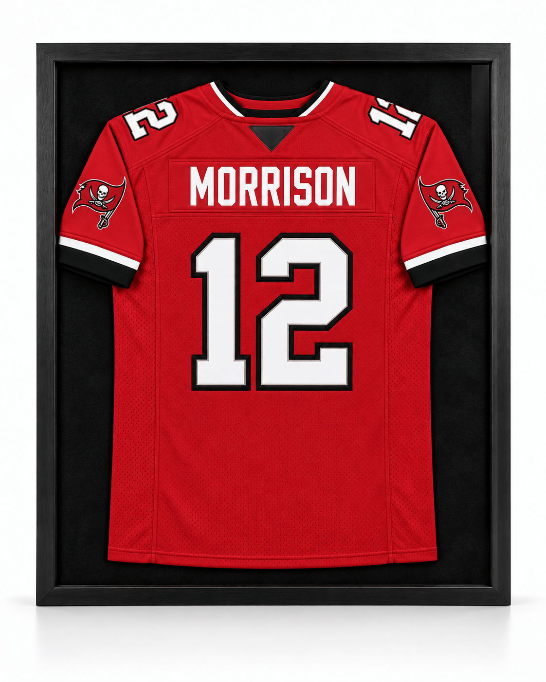 Framed red football jersey with the name 