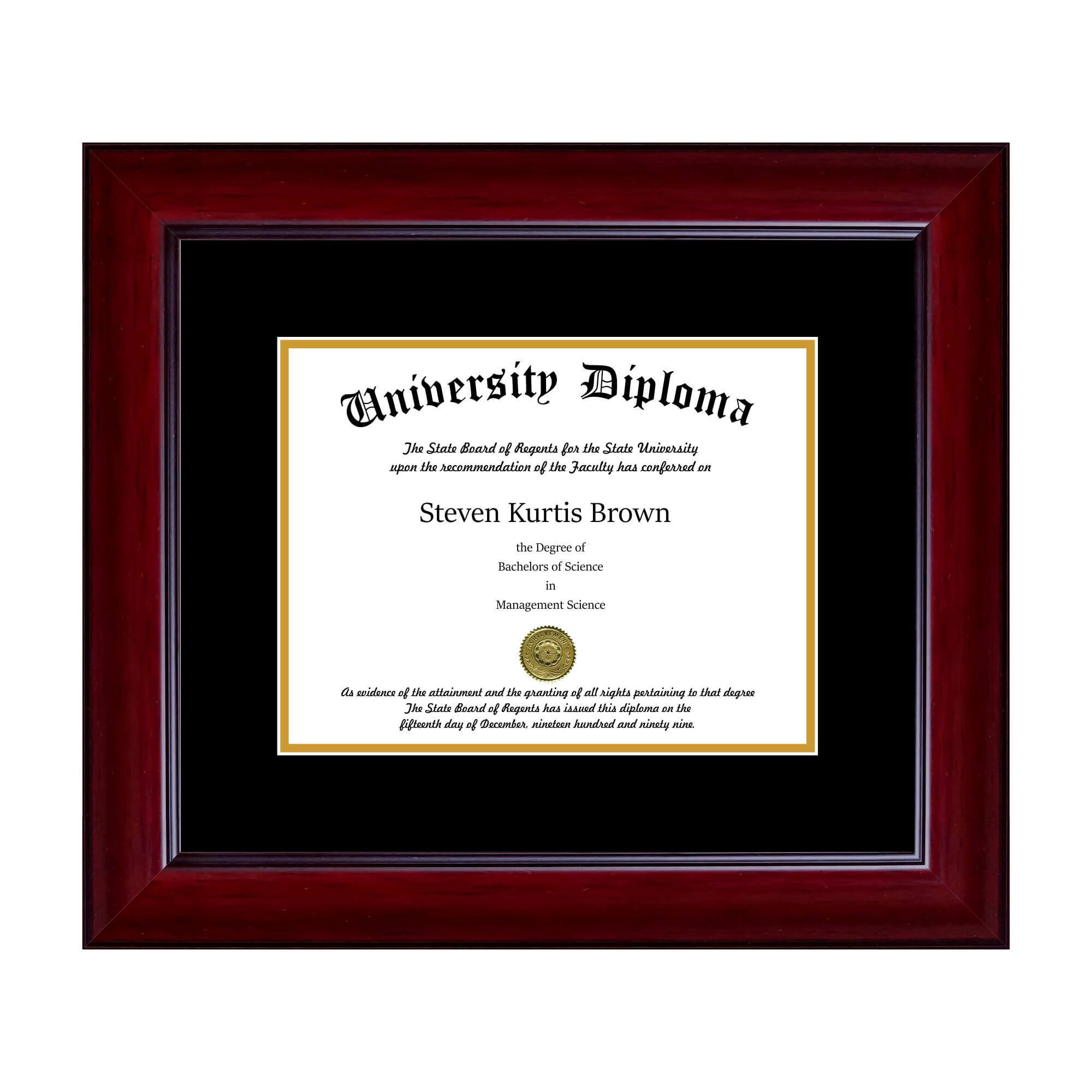 Framed university diploma with recipient's name and seal.