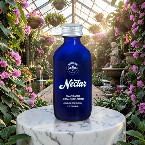 A blue bottle labeled 