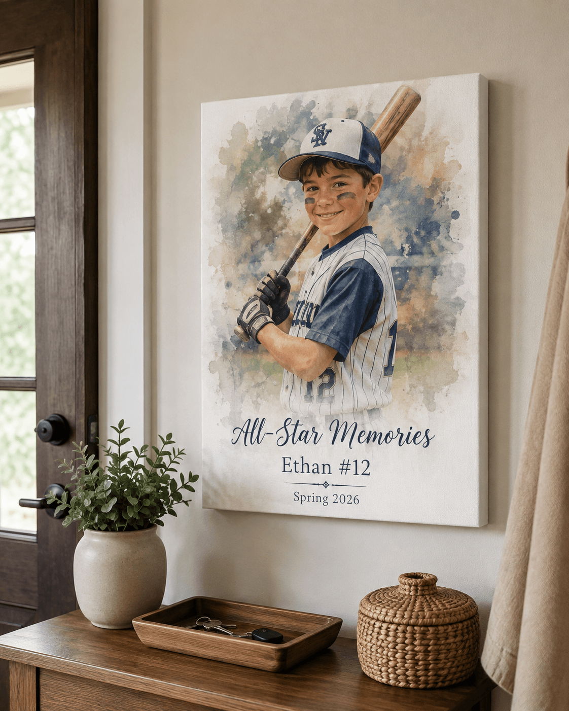 A framed portrait of a young baseball player named Ethan.