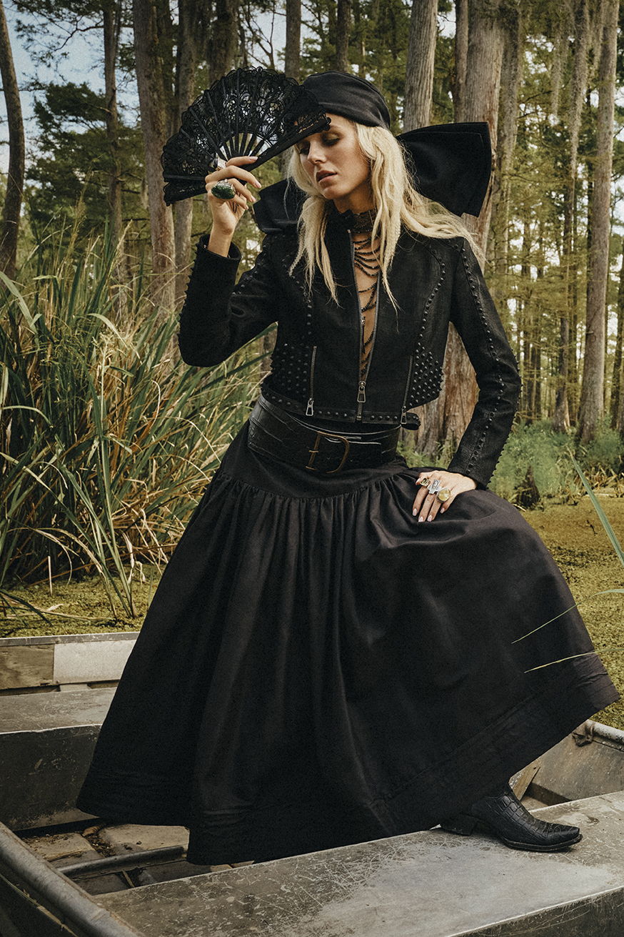 Haley wearing the Crikey Jacket, Bon Temps Brigade Skirt, the Dragon Fly hat, and Double D Ranch jewelry and accessories.
