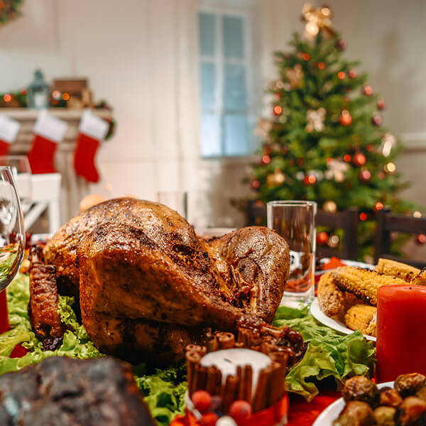 High Quality Organics Express Turkey in front of Christmas tree