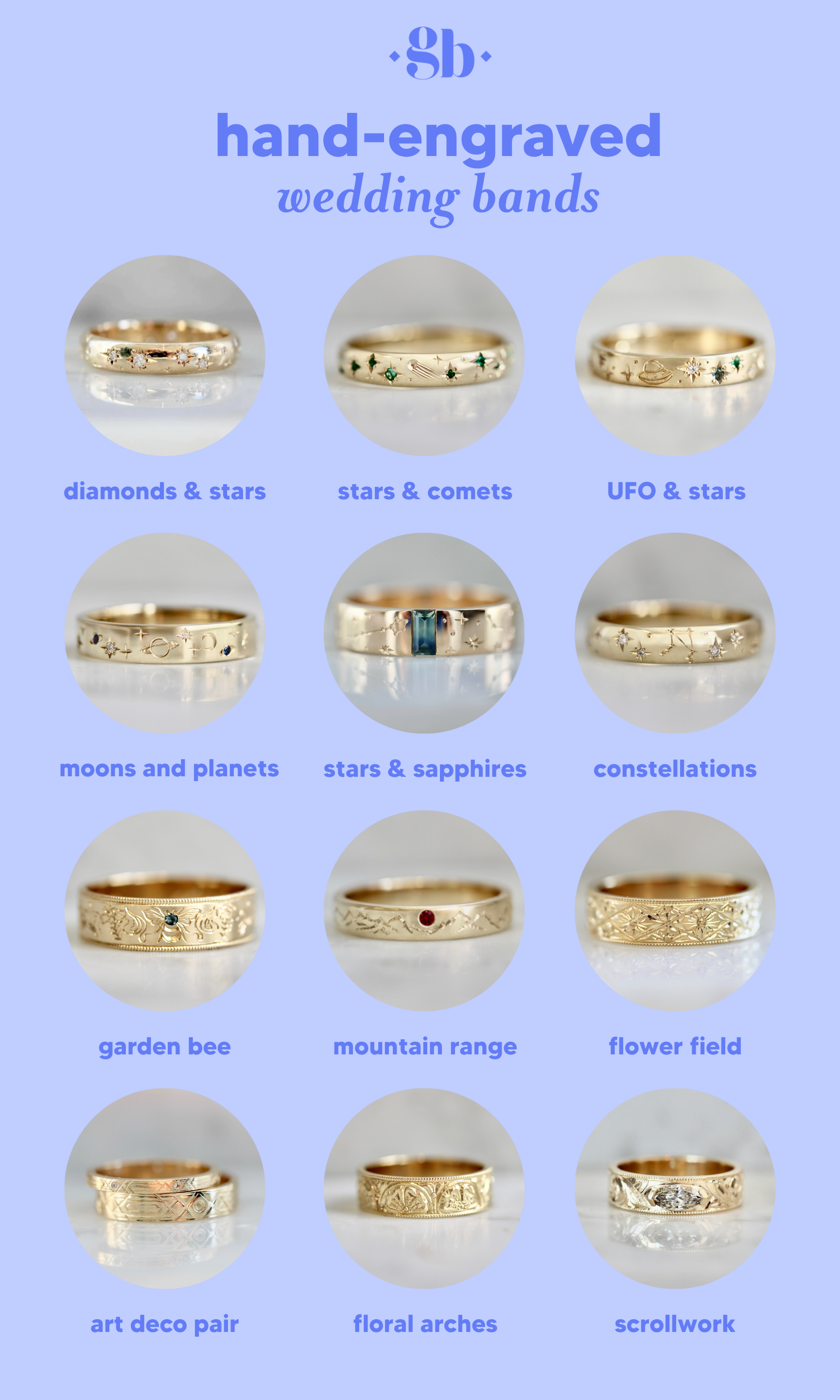 Hand-engraved wedding bands by Gem Breakfast