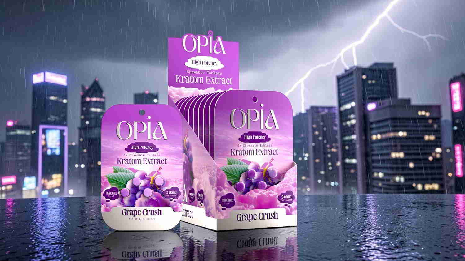 Three packages of OPA yogurt against a stormy city background.