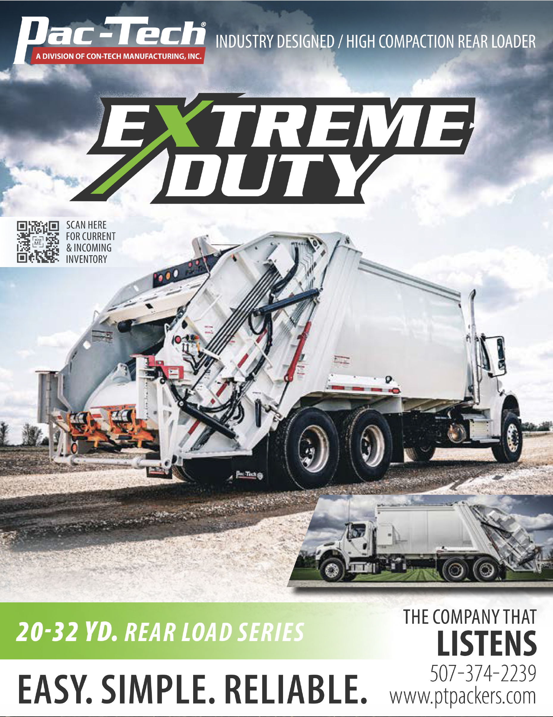 Pac-Tech Extreme Duty garbage truck advertisement with specifications and contact information.