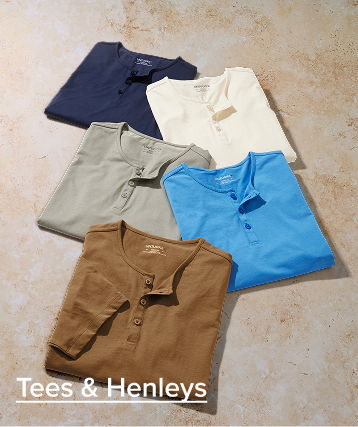Five assorted tees and henleys in various colors.