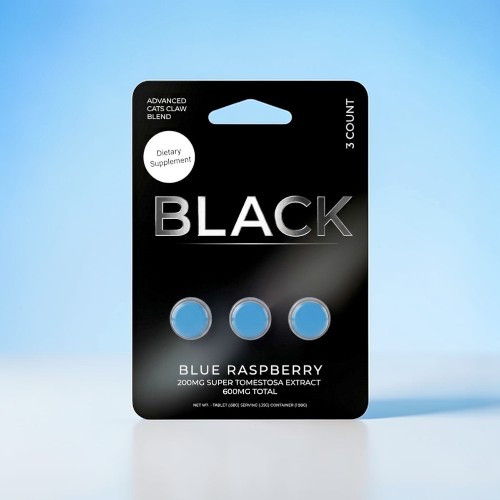 Black packaging with three blue raspberry tablets against a light blue background.