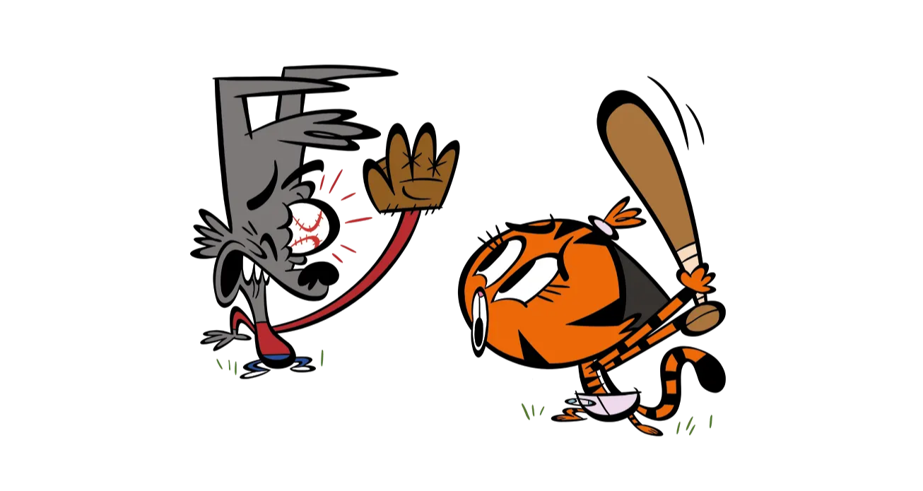 Illustrated characters playing baseball