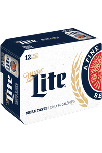 12-pack of Miller Lite beer with branding and calorie information.