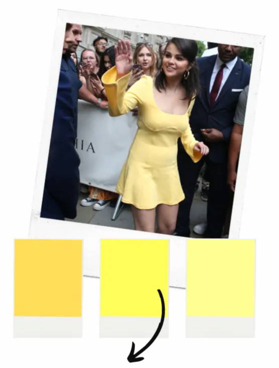 trixxi collage of yellow dress inspired by Selena Gomez in a short yellow dress.