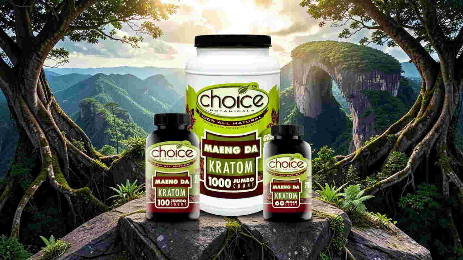 Vibrant landscape with supplement bottles in the foreground.