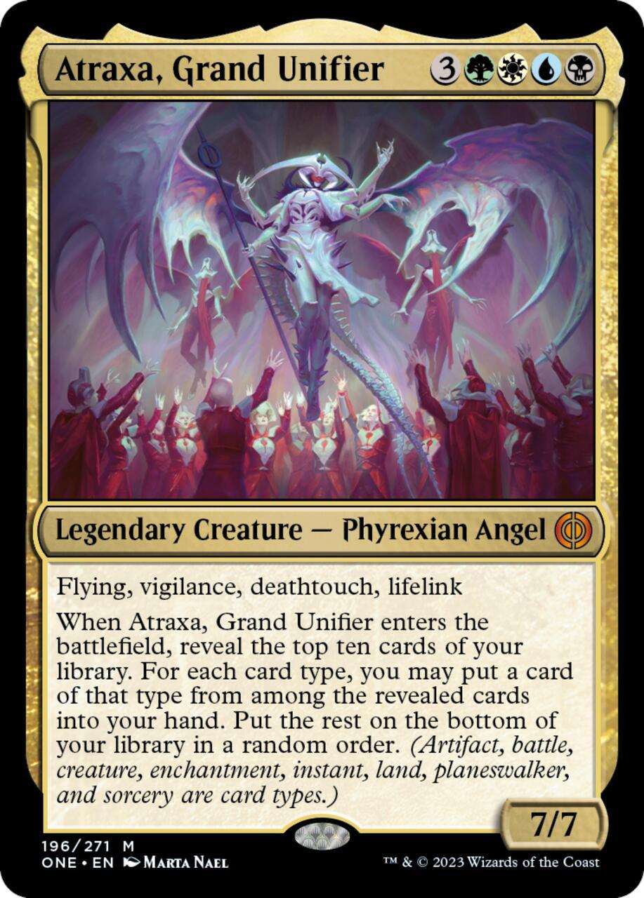 Card illustration of Atraxa, Grand Unifier, a Phyrexian Angel creature.